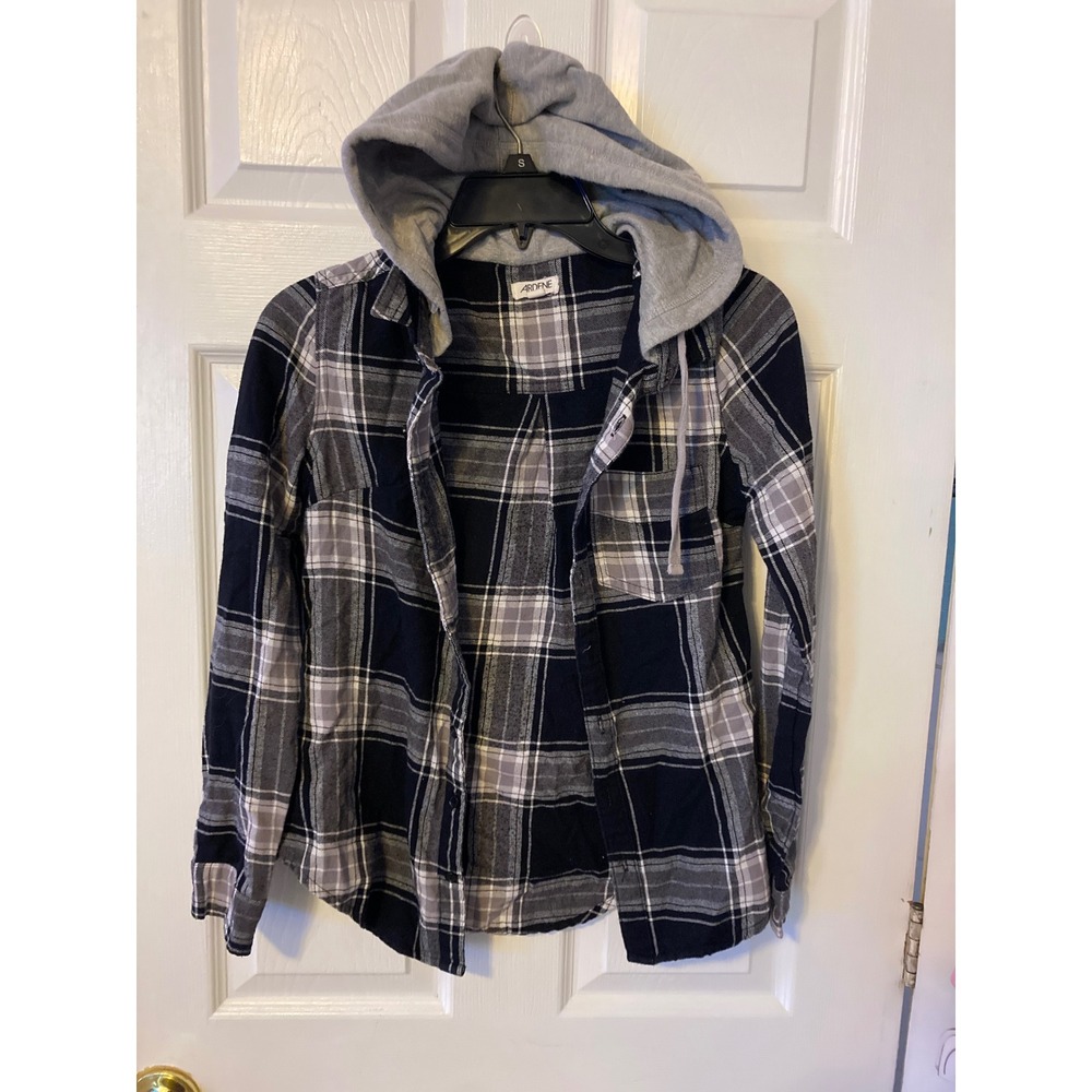 Ardene Plaid Hooded Flannel Shirt Black Grey White XS Button Up Hoodie